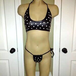 Exotic Dancer Stripper Wear 2 piece black shine studded with white studs